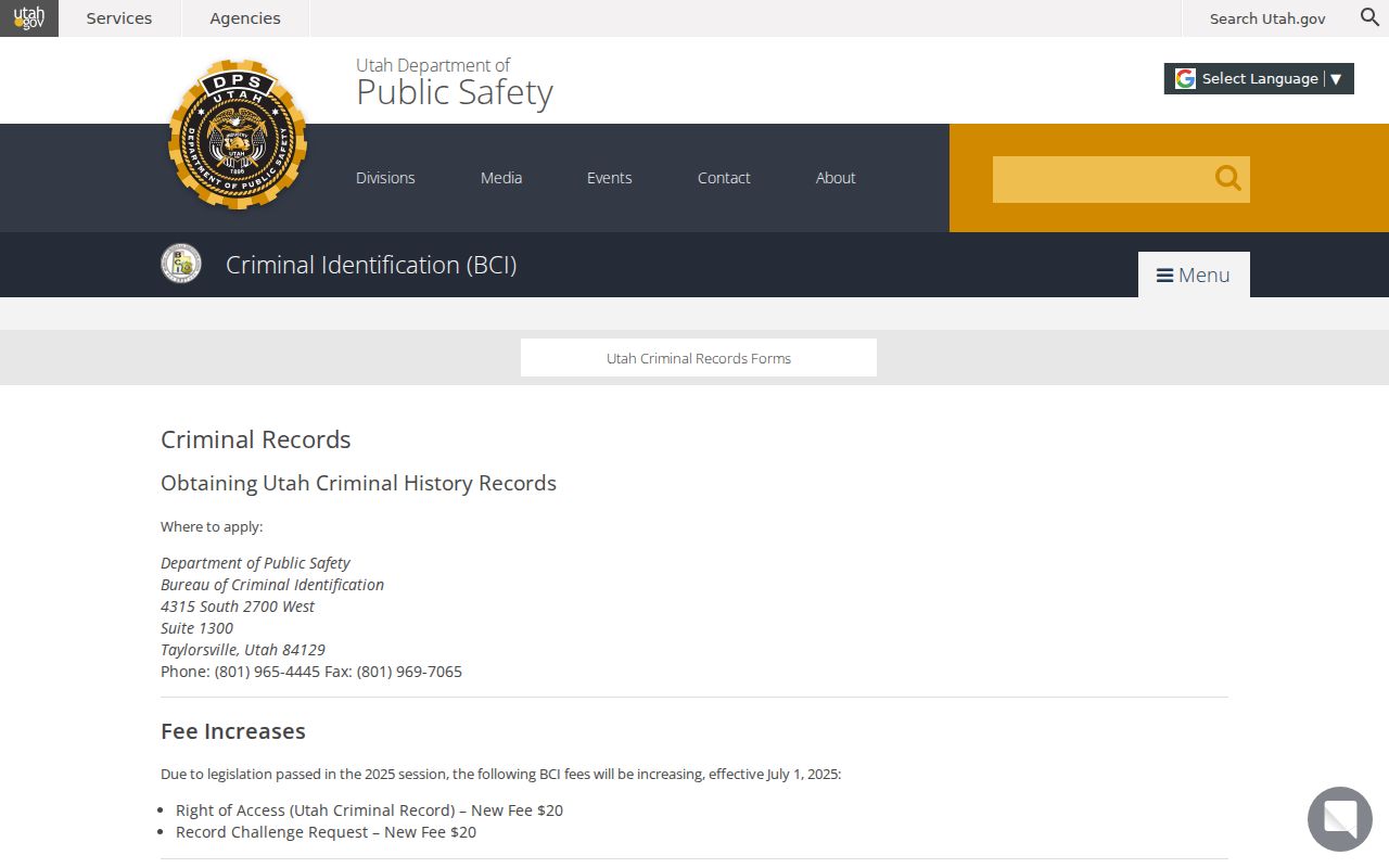 Utah BCI criminal history right-of-access pathways and fee information