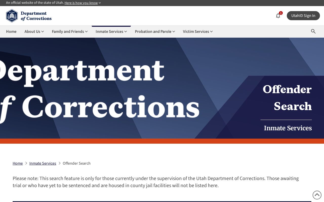 Utah Department of Corrections name and offender number search fields