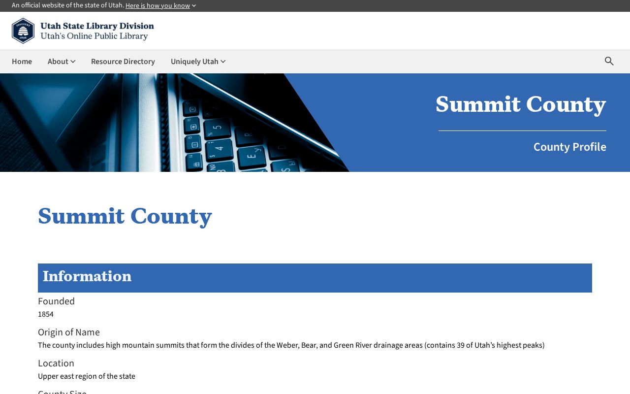 Utah state library profile for Summit County history and statistics